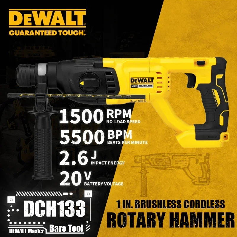 DEWALT DCH133 1in Brushless Cordless SDS PLUS D-Handle Rotary Hammer 20V Lithium Power Tools 1500RPM 5500BPM 2.6J Bare Tool