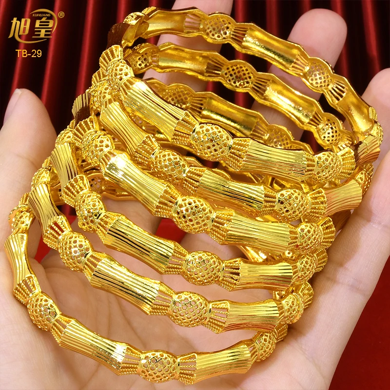 

XUHUANG Dubai Exquisite Engraving Copper Bangles Bracelet For Women African Gold Plated Bangle Wedding New Arrival Jewelry Gifts