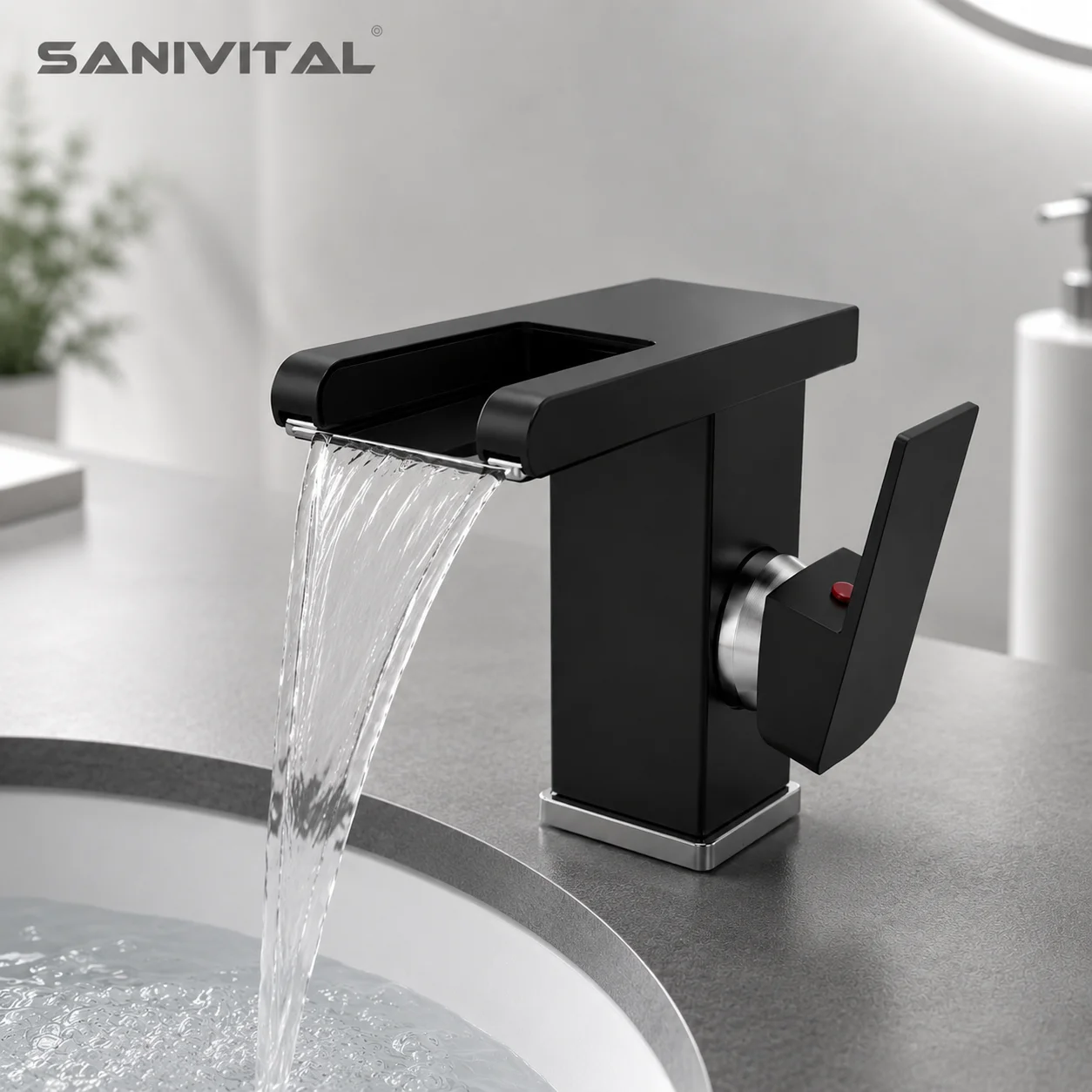 Grifo de Lavabo SANIVITAL Negro Mate, Diseño de Cascada, Monomando, Mezclador de Agua Fría y Caliente