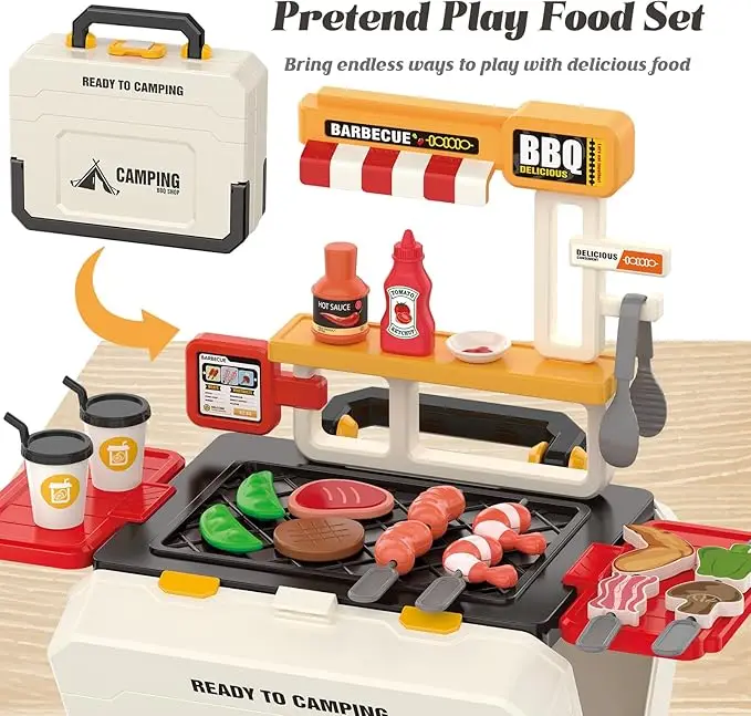 Barbecue Storage Suitcase Pretend Play Kitchen Toy Dessert Fast Food Shop Mini Food Model Outdoor Camping Game Christmas Gifts