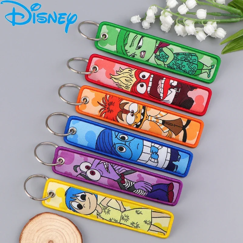 Inside Out 2 Disney Anime Disgust Anger Anxiety Joy Woven Label Fabric Keychain Keyring Bag Decoration Pendant Children Toy Gift