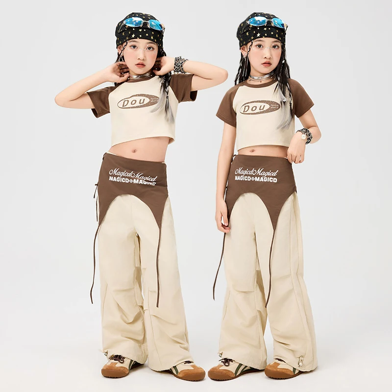 

Kids Girls Jazz Dance Clothes Summer Khaki Crop Tops Pants Short Sleeves Hiphop Practice Performance Clothing Street Wear L15941
