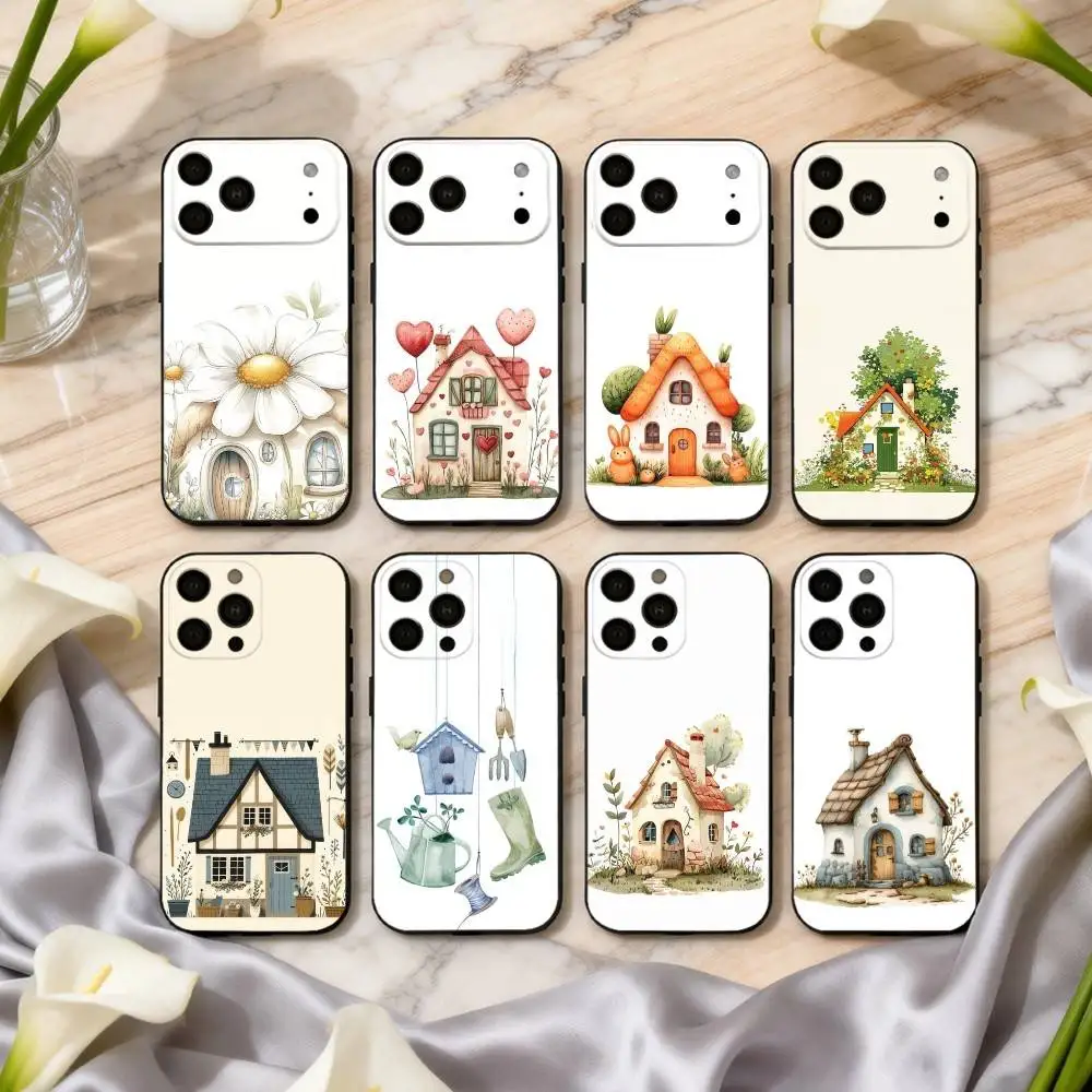 

Cute Hand-painted Small House cartoon Phone Case For iPhone 17,16,15,14,13,12,11 Plus,Pro Max,XS,Soft Silicone Black Cover