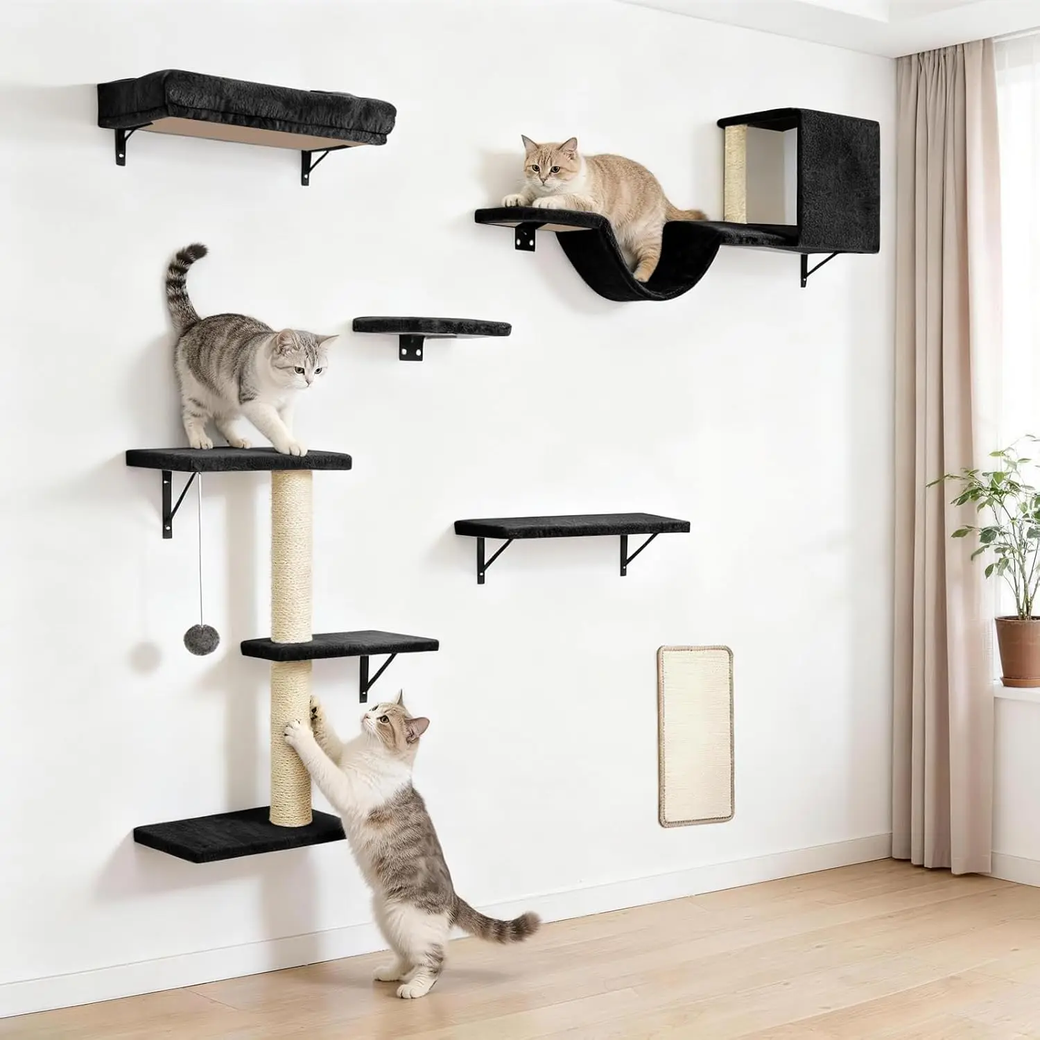 

Набор настенных полок для кошек 6-в-1, устойчивая мебель для лазания, игр и отдыха, черный цвет
