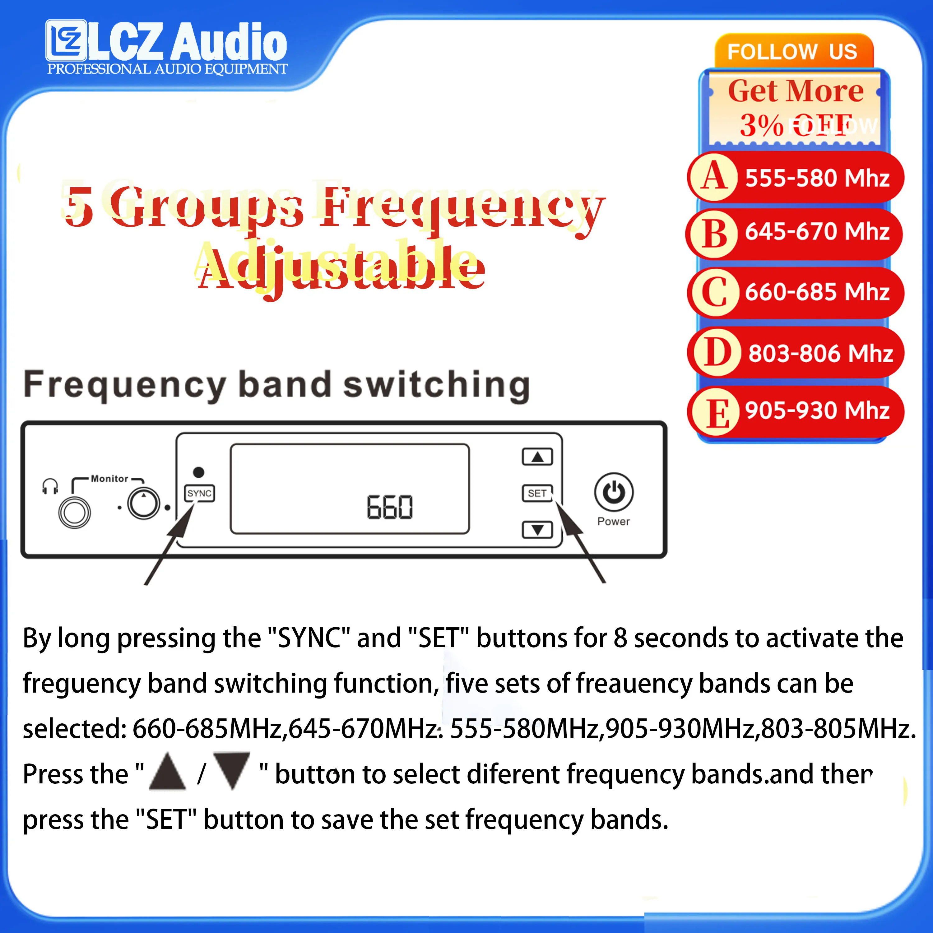 LCZ Audio PSM6 Professional IEM Stereo / Mono Switchable In Ear Monitor Frequency Adjutable From 500Mhz 600Mhz 800Mhz 900Mhz