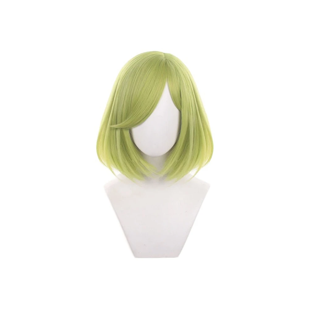 Short Grass Green Synthetic Cosplay Wig for Anime Characters, Layered Fluffy Style with Natural Curl Ends