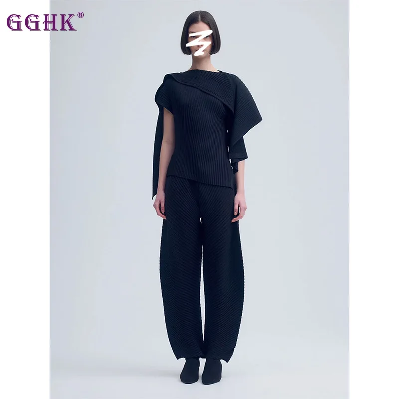 GGHK Fashion Women 2-piece Set Irregular Design Chic Top Loose Folded Banana Pants 2025 Spring Summer New Female Suit