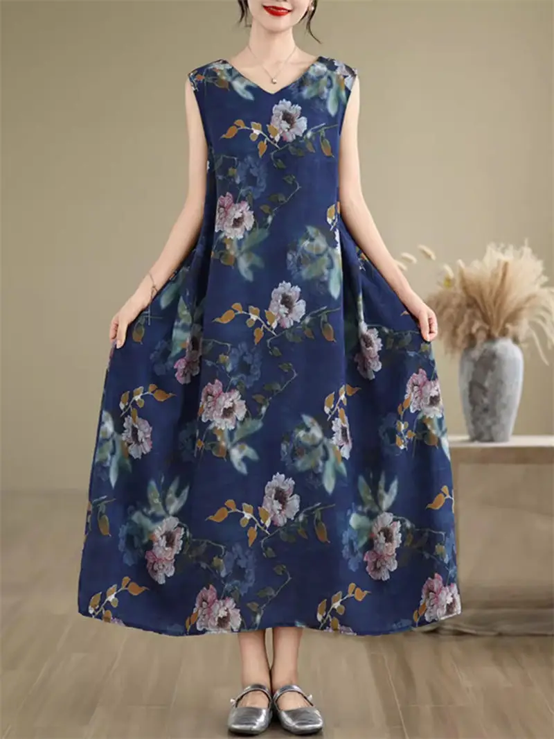 Large Size Women's Dress 2024 Summer Simple Printed Sleeveless V-Neck Long Vest Dress Casual Loose Clothing K2031