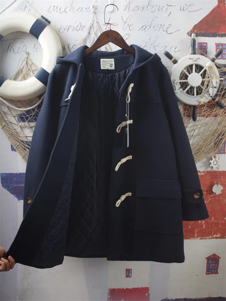 [En Stock] Abrigo de Mujer de Alta Calidad, 100% Algodón, Chaqueta con Bolsillos Grandes, Estilo Informal, Hebilla de Cuerno, Abrigo de Lana