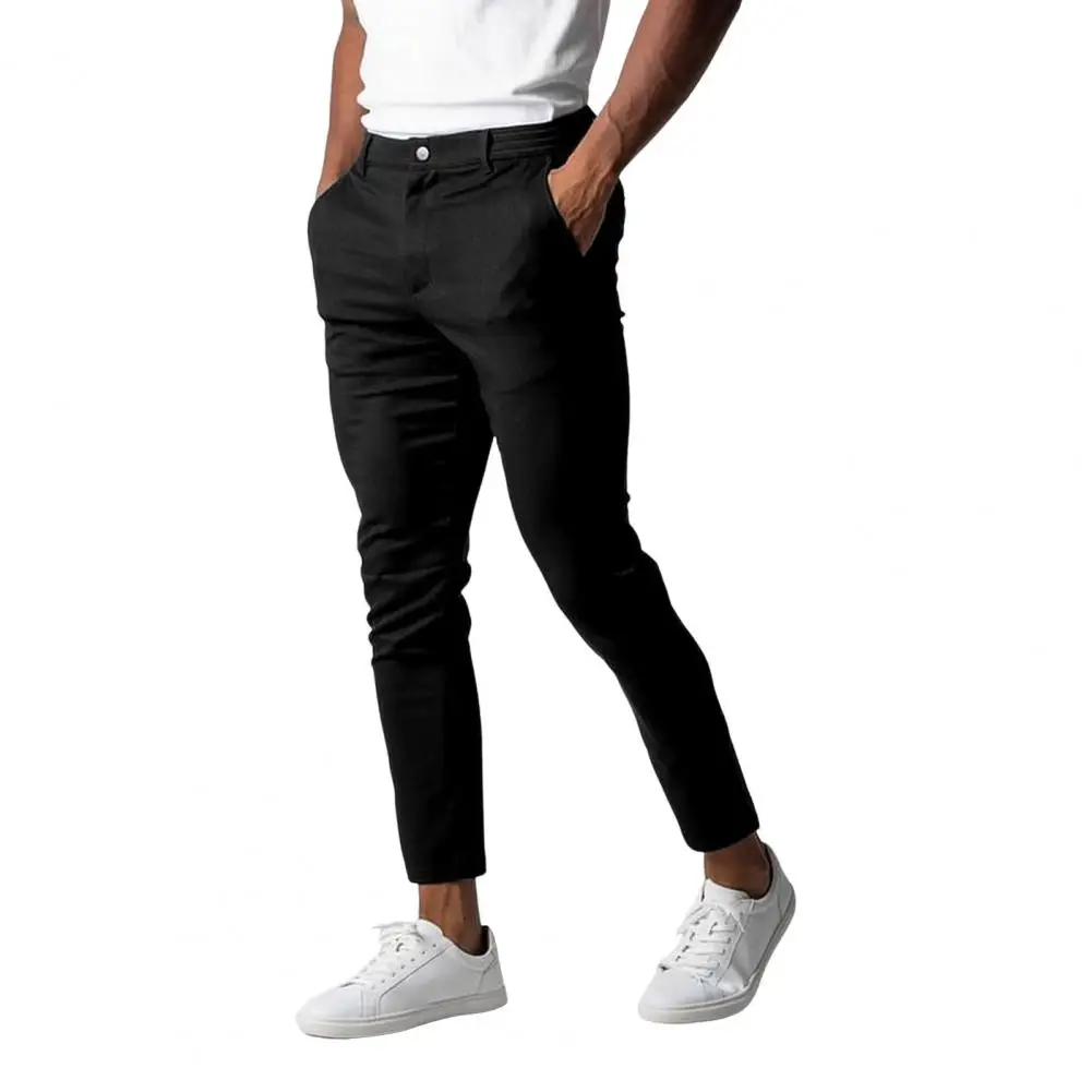 Pantalones elegantes de Color sólido para hombre, pantalones de negocios ajustados con cintura elástica, cierre de botones, bolsillos para mayor comodidad