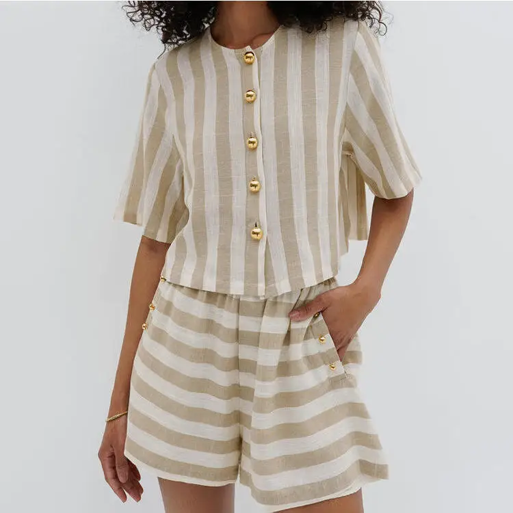 

Women's Faionable Loose Breathable Stripe irt orts Set ort Sve Two-Piece Suit Cotton Simple Sle Autumn Collection