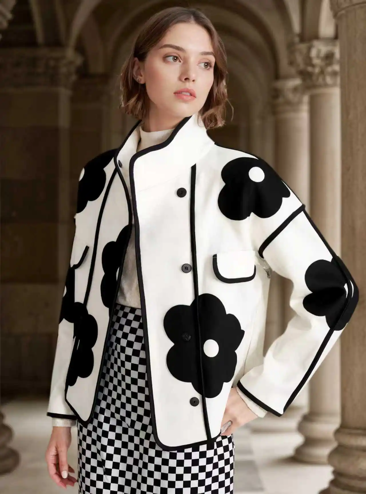 

Women's fashion floral print casual jacket, stand-up collar with single-breasted design, black and white cow print