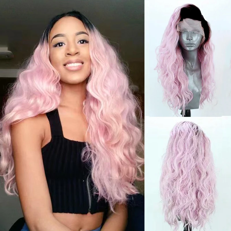 AIMEYA Black Roots Synthetic Lace Front Wig Ombre Pink/Green/Red Loose Curly Lace Front Wig  Synthetic Hair Cosplay Wig