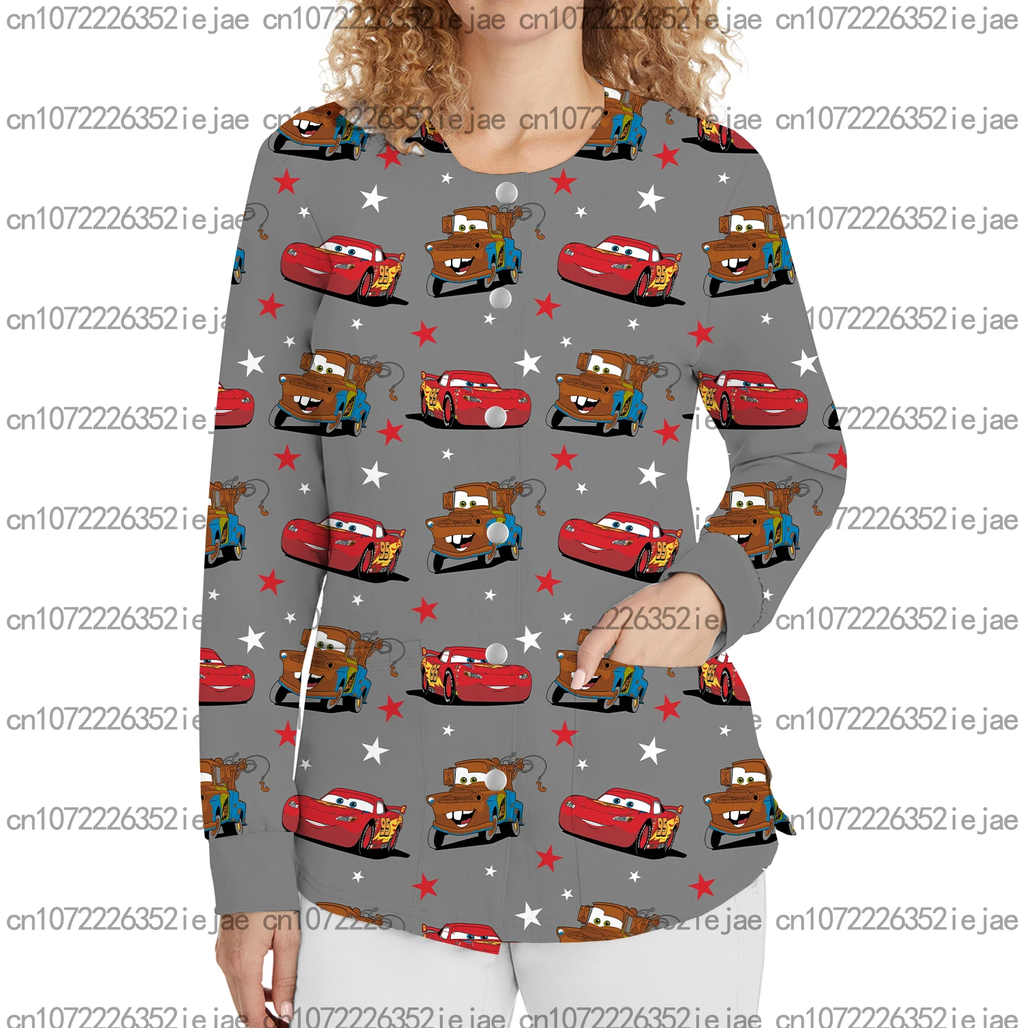 مطبوعة ماكوين البرق سيارة طاقم الرقبة طويلة الأكمام زر متجمد سترة الأسنان الحيوانات الأليفة متجر صالون تجميل موحدة ركاب سترة