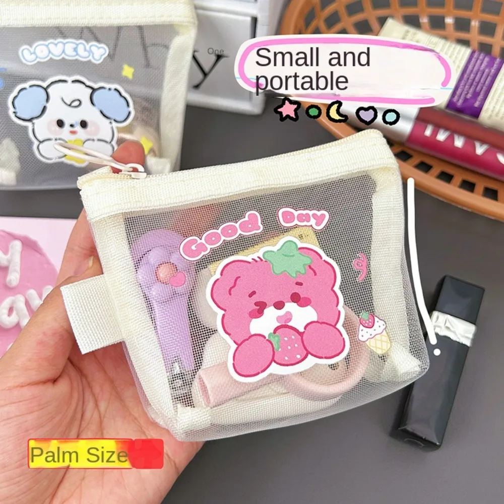 Cartoon Clear Mesh Bag Change Storage Bag Small Item Bag Mesh Coin Purse Lipstick Cosmetic Bag Sanitary Napkin Storage Bag