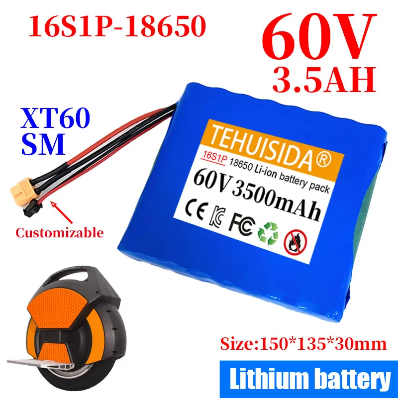 

16S1P 18650 60V 3.5Ah Lithium Battery Pack with BMS for Self-balancing Scooter Electric Unicycle 3500mAh Rechargeable Battery