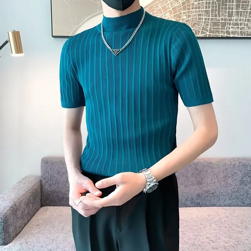 

Pishuai трикотажная рубашка мужская с коротким рукавом красивый весенне-летний свитер в рубчик с полувысоким воротником тонкая базовая рубашка