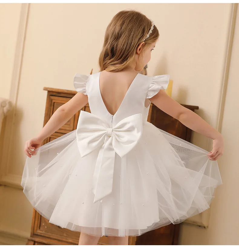 

Elegant Dress For Girl Wedding Bridesmaid White Princess Dress Backless Pearls Big Bow Girls Party Dresses First Communion Gown