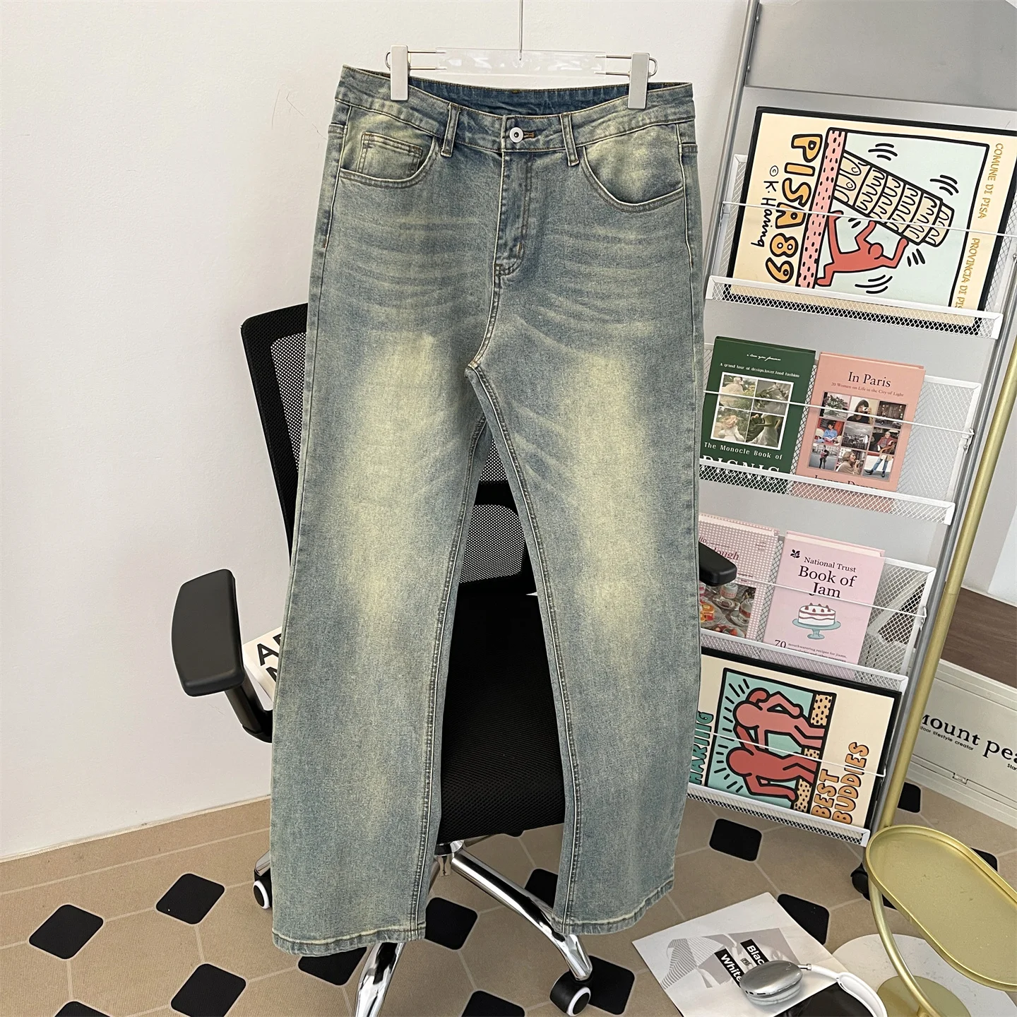 

Retro Blue Men's Jeans Loose Fit Slimming Straight Leg Vintage Washed Casual Trousers Trendy Bootcut Pants for Teens