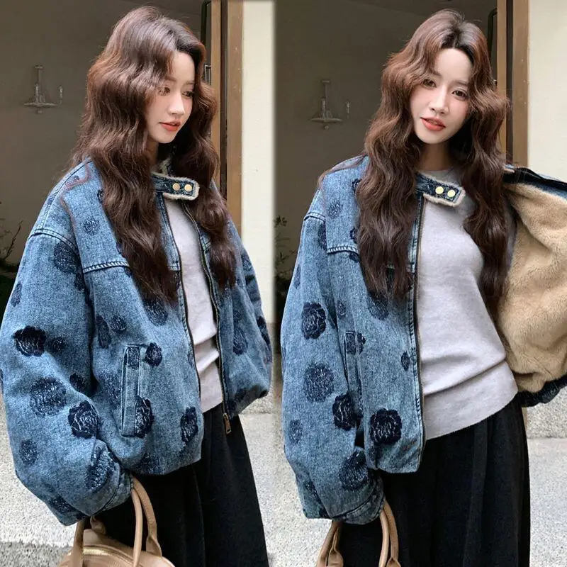 

Women's Winter Coat Retro Stylish Print Flocking Denim Jacket Women Autumn Winter New Korean Style Fleece Lined Thickened
