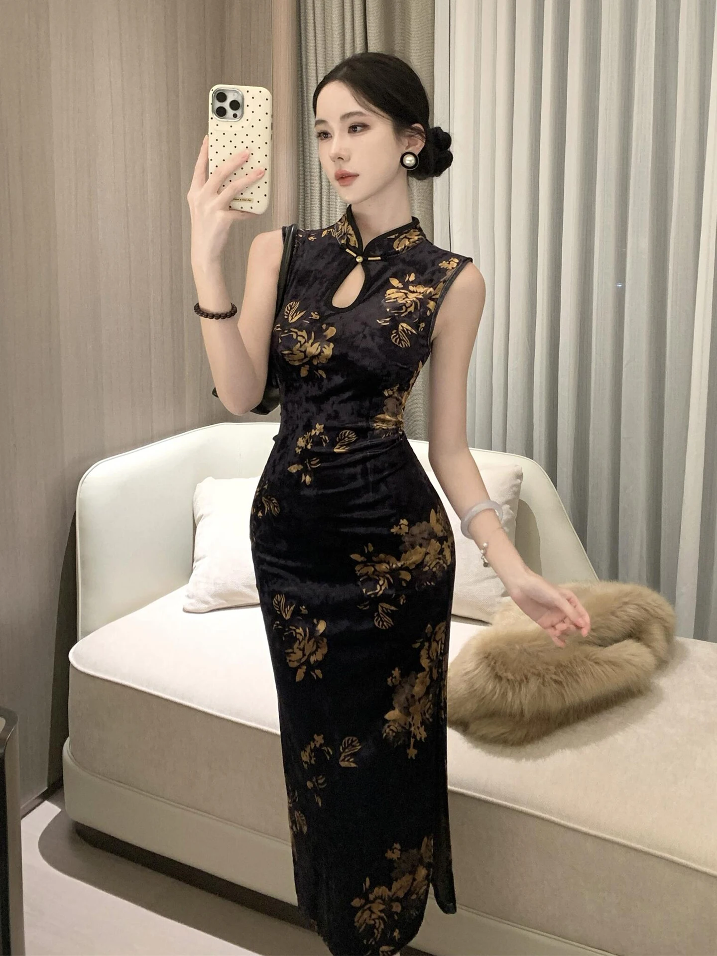 

Sexy Slimming Chinese Style Sleeveless High Slit Qipao Dress Floral Print Vintage Young Women's Long Dress Breathable Fabric