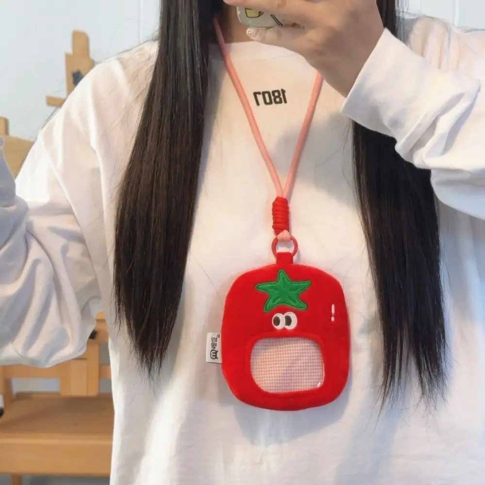 Expressão dos desenhos animados tomate moeda bolsa coreano ídolo titular do cartão saco de fone de ouvido transparente pescoço pendurado saco de pelúcia pequeno item saco