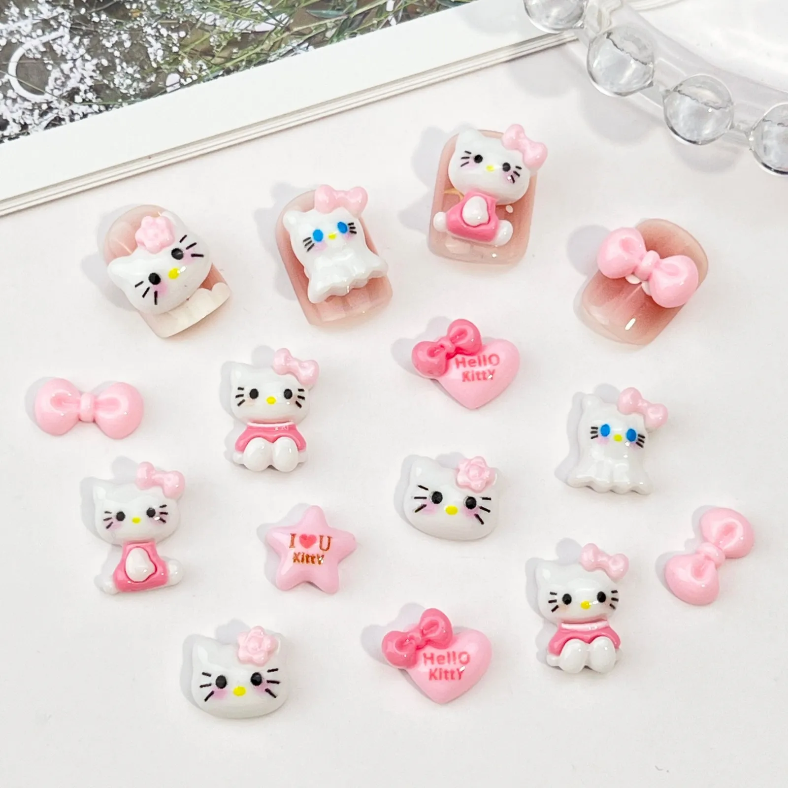 20Pcs Cute 3D Hello Kitty Nail Art Decorations in Pink DIY Nail Art Charm