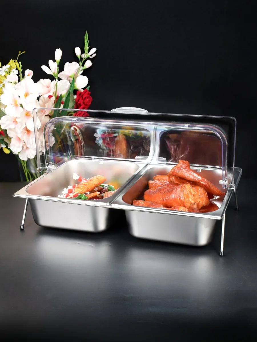 Buffet Table  Display Shelf Stainless Steel Tray with Transparent Dust Cover Cooked Food Cold Dish Compartmen