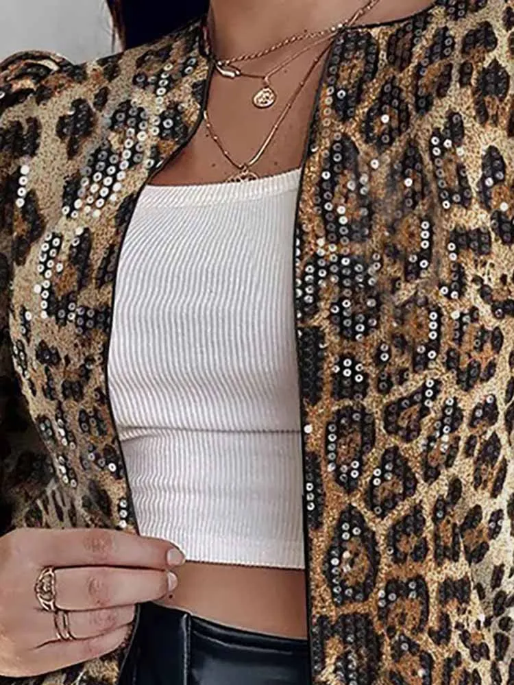 

Leisure Lady Short Slim Outdoor Coats Temperament O-neck Leopard Printed Sequins Jacket Hot Girl Long Sleeve Commuting Cardigans
