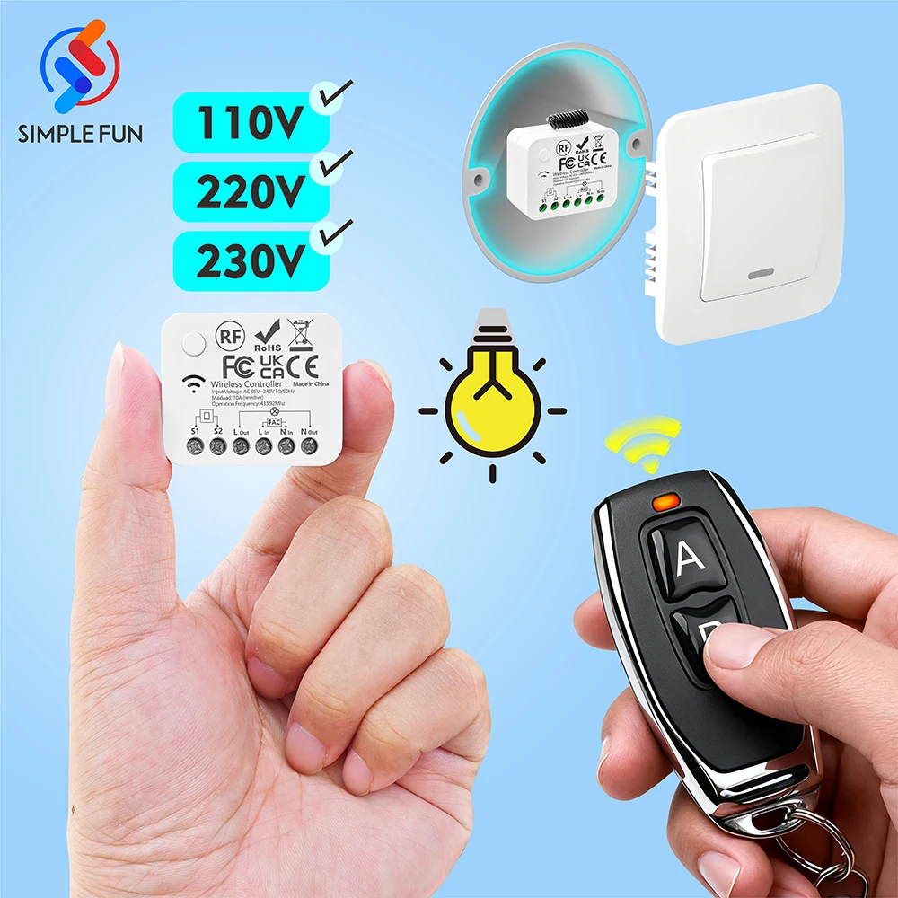 

433Mhz 110V 220V 230V Wireless Remote Control Light Switch Mini Module with Delayed Light Off Function,Usable with Manual Switch