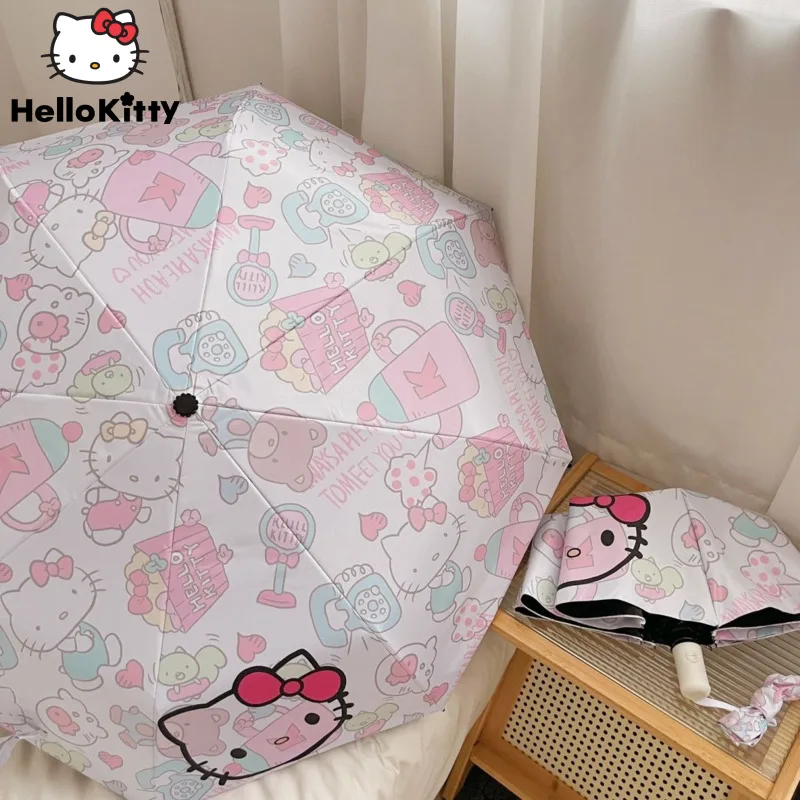 Sanrio Hello Kitty Umbrella Y2k Women Sunny And Rain Dual Use Cute Three Folding Umbrellas Student Outdoor Sunscreen Accessories