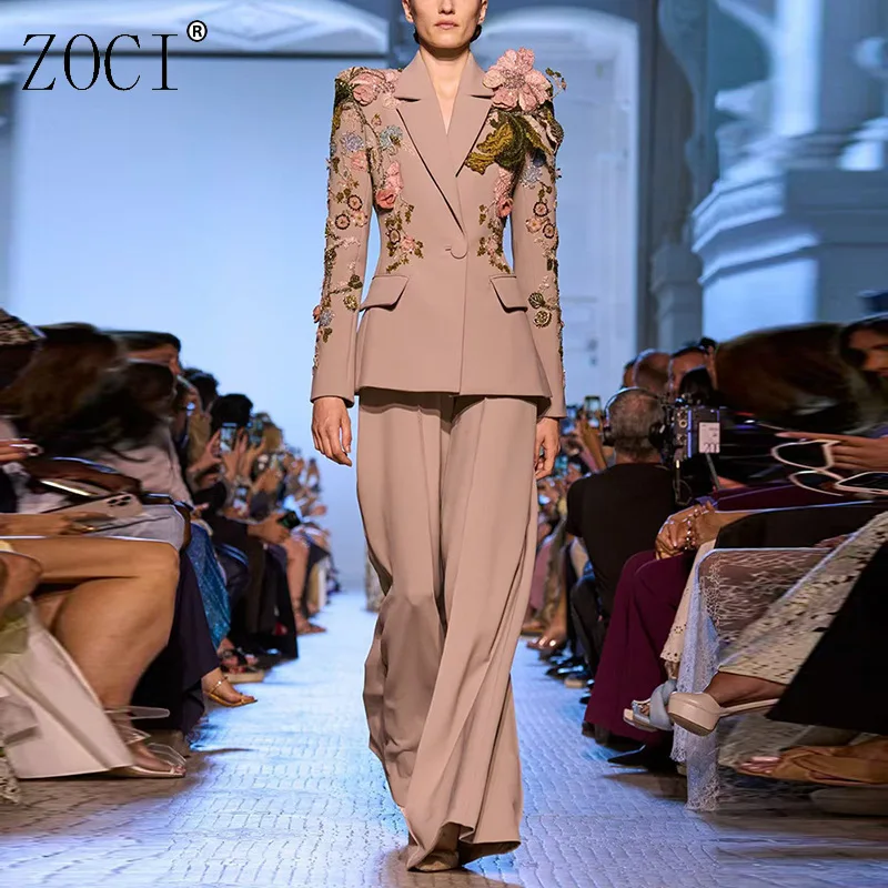 

ZOCI Crystals Flower Women Suit Set 2 Pieces Blazer+Loose Pants Wedding Tuxedos Formal Luxury Office Lady Jacket Coat Tailored