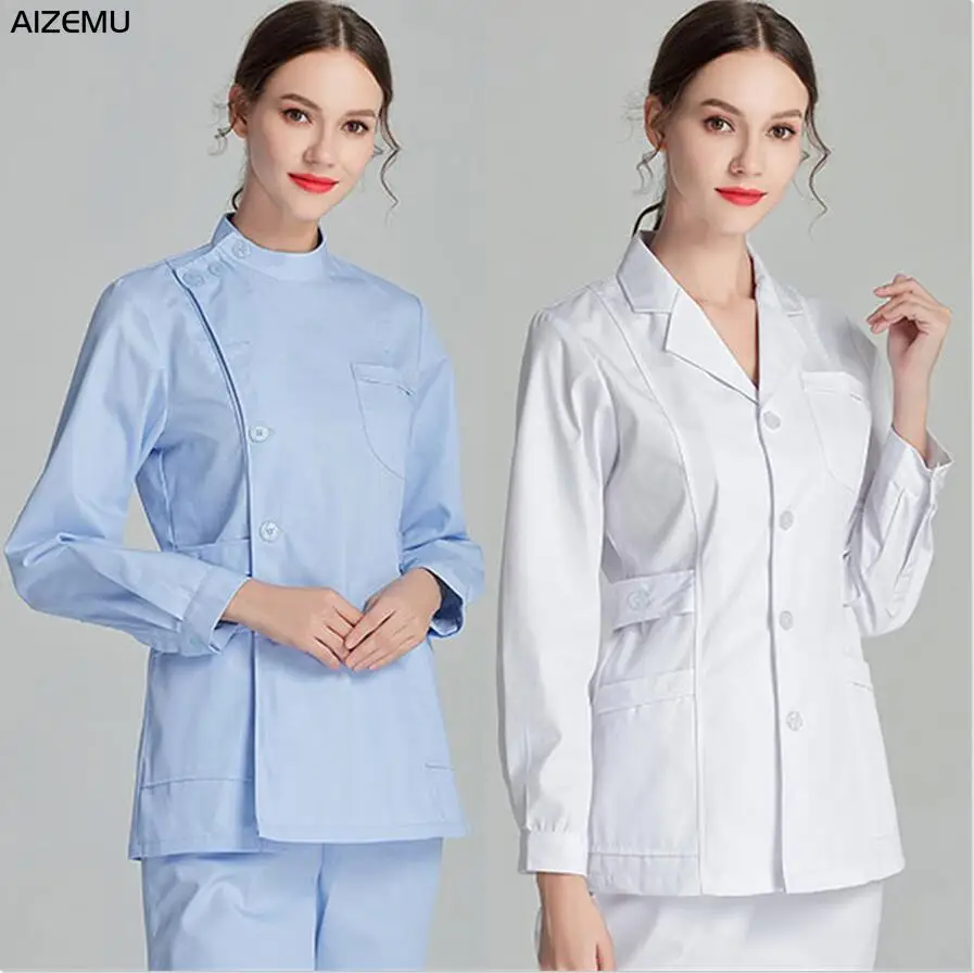 Blu manica lunga scrub Top uniforme infermiera camice da laboratorio uniforme medico per donna capispalla abbigliamento medico salone di bellezza abbigliamento da lavoro