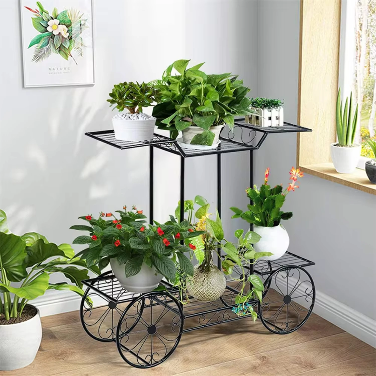 

Large Metal Plant Stand Indoor 6 Tier Garden Cart Plant Holder Wrought Iron Plants Display Shelf Rack Outdoor Decorating Garden