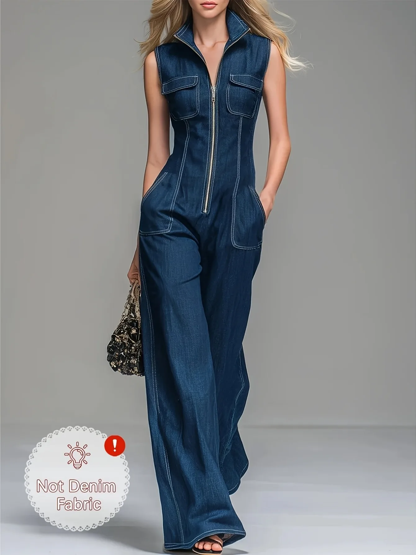 

Sleeveless Zip Front Jumpsuit Stand Collar Pockets Wide Leg Romper For Club Night Out Holiday Occasion