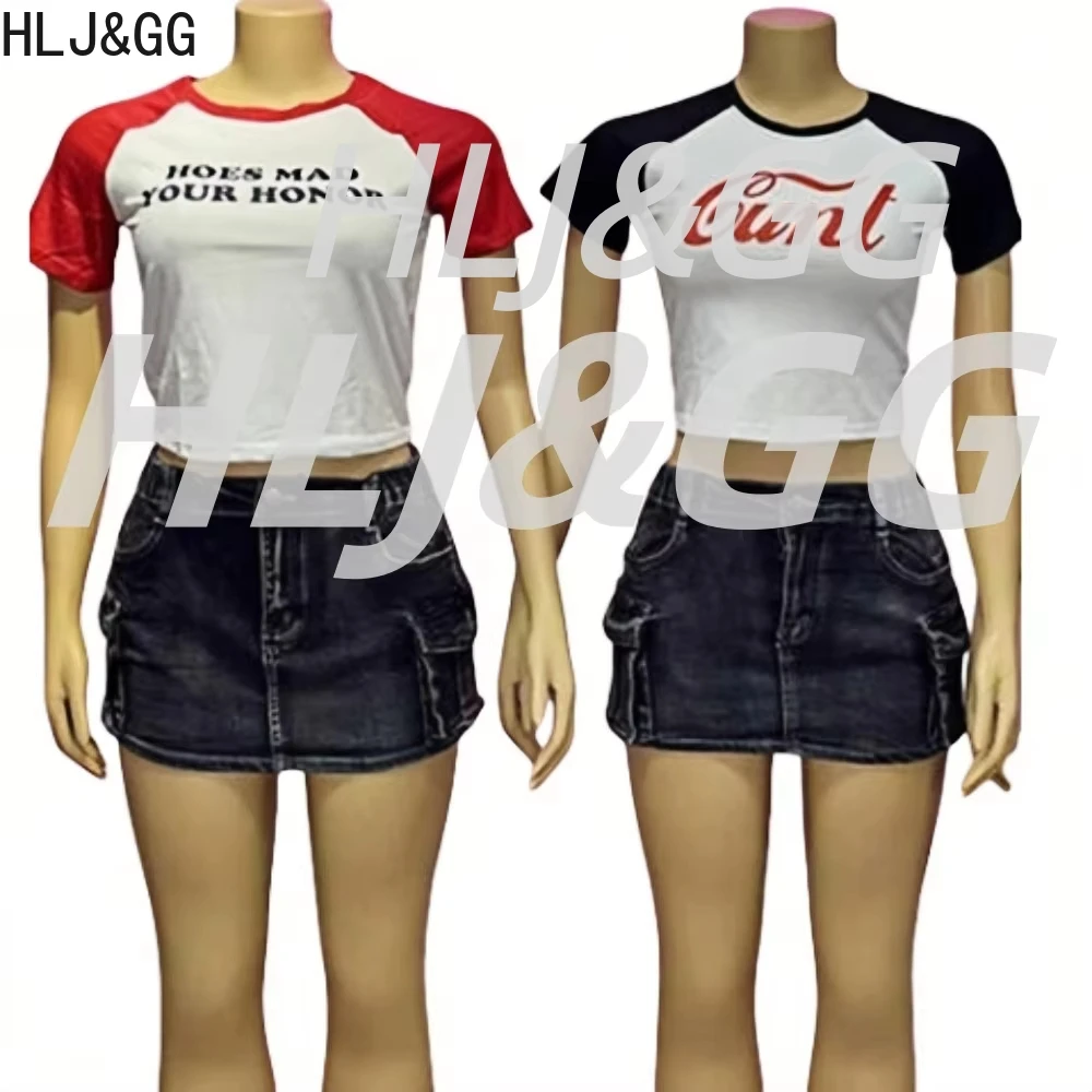 HLJ&GG Tendenza estiva Stampa di lettere Set da due pezzi Donna Girocollo Manica corta Slim Crop Top e gonne di jeans Abiti Streetwear
