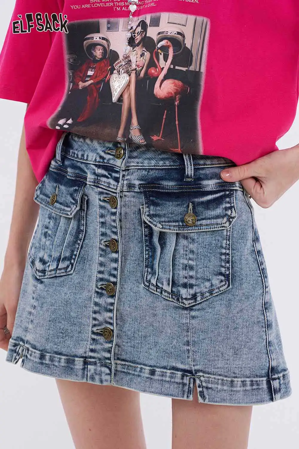 ELFSACK Y2K Denim Mini Skirt with Cargo Pockets, Harajuku Streetwear A-Line Skirt, Vintage Jean Skirt for Women