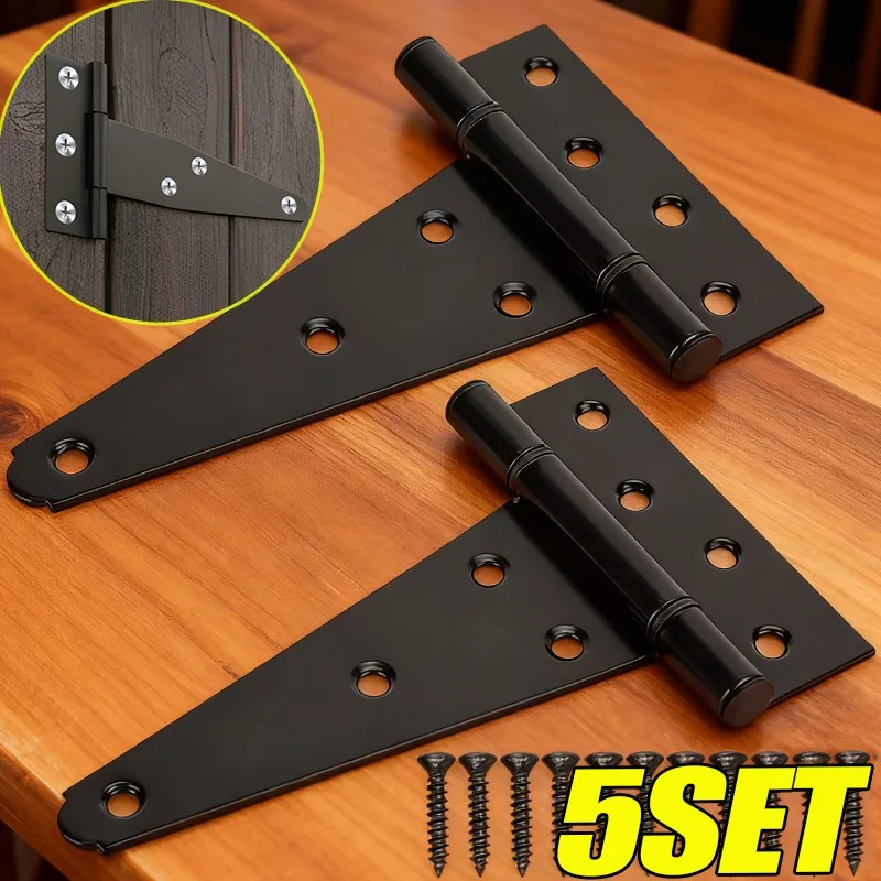 5/1Set Cerniere in ferro a forma di T Cerniere per cancelli per porte nere resistenti Cerniera per cinghia per stanza del fienile con viti Staffa per scheda hardware