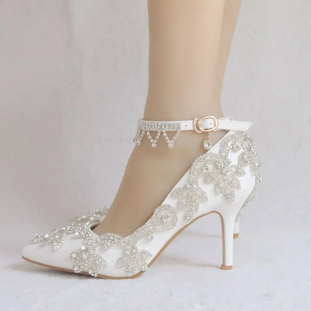 Women Summer Shoes New Women Pumps Sandals Rhinestone Side Air Wedding PU 8CM Thin Heeled Pointed Lovely Woman Shoe