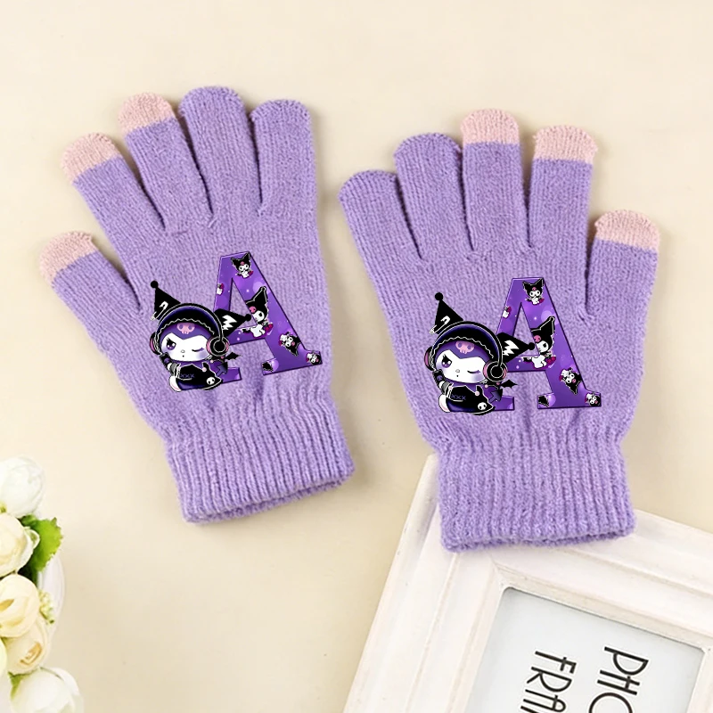 

Sanrio Kuromi Children Five Finger Gloves Cute 26letter Keep Warm Touchable Screen Knitted Glove Girl Kawaii Winter Mittens Gift