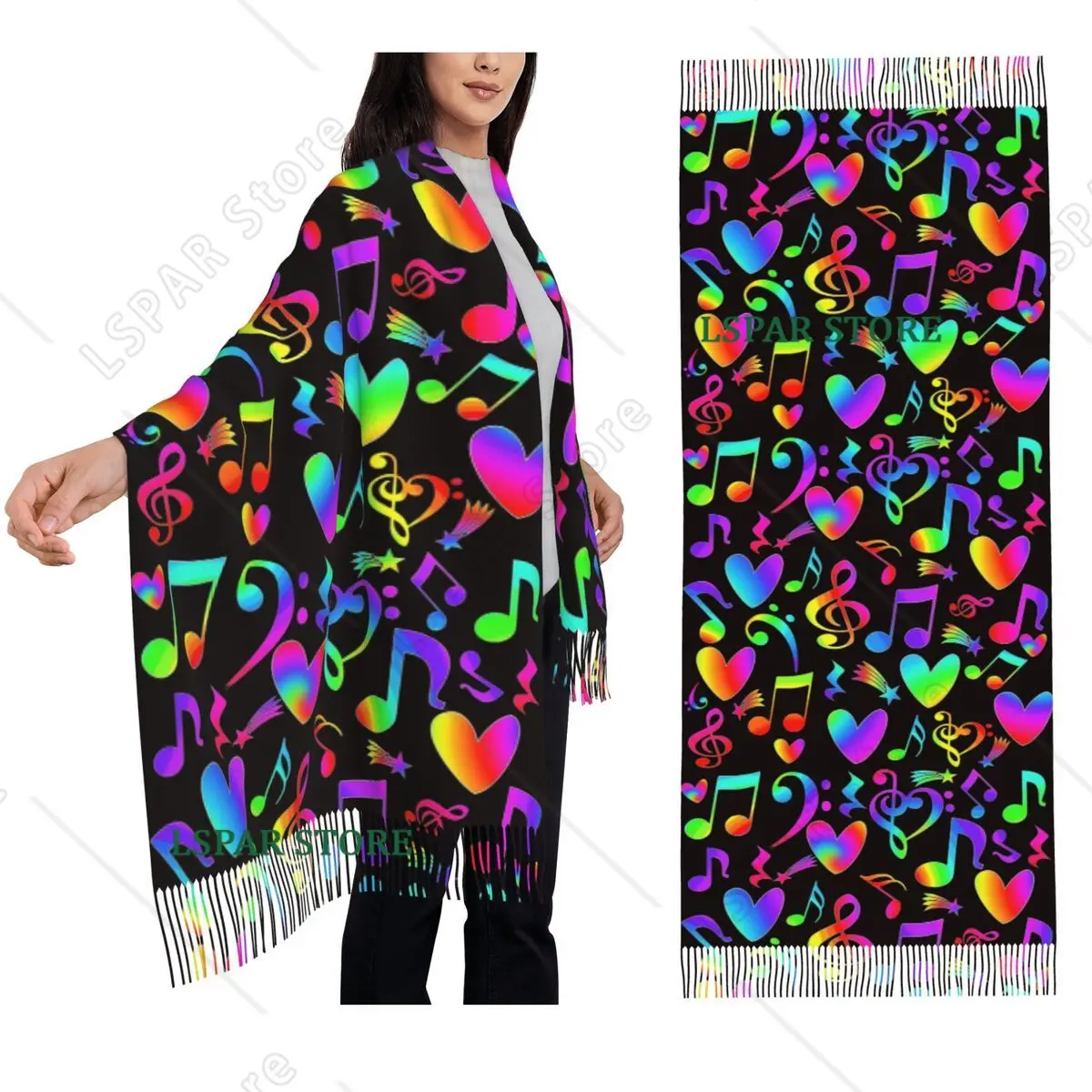 Musical Rainbow Music Notes Hearts Stars On Black Scarf Tassel Scarves Women Warm Shawls and Wraps Large Fall Winter Shawl Wrap