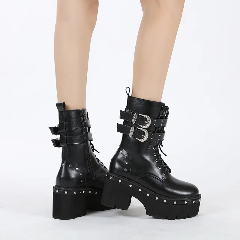 Winter Gothic Punk Womens Platform Boots Black Buckle Patent leather Creeper Wedges Shoes Mid Calf  Boots