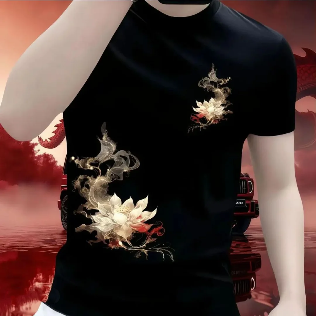 Men's Short-sleeved T-shirt in Spring and Summer New National Trend-style Printed Micro-slim and Versatile Round Neck Top