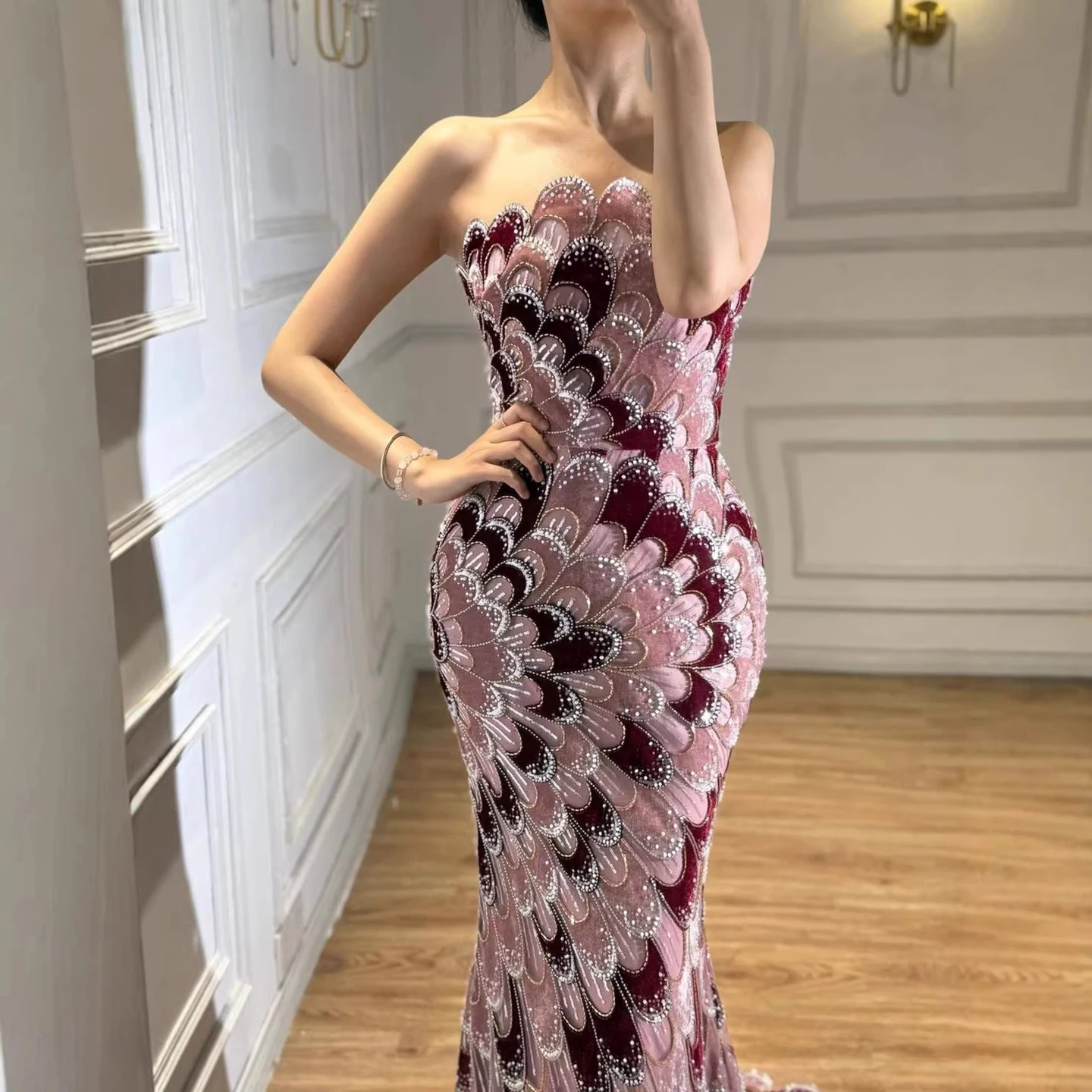 two piece off the shoulder mermaid prom dress Sweetheart Pearl Pleated Mermaid Prom Dress Off-Shoulder Sleeveless Party Gowns with High Slit As Picture / US4