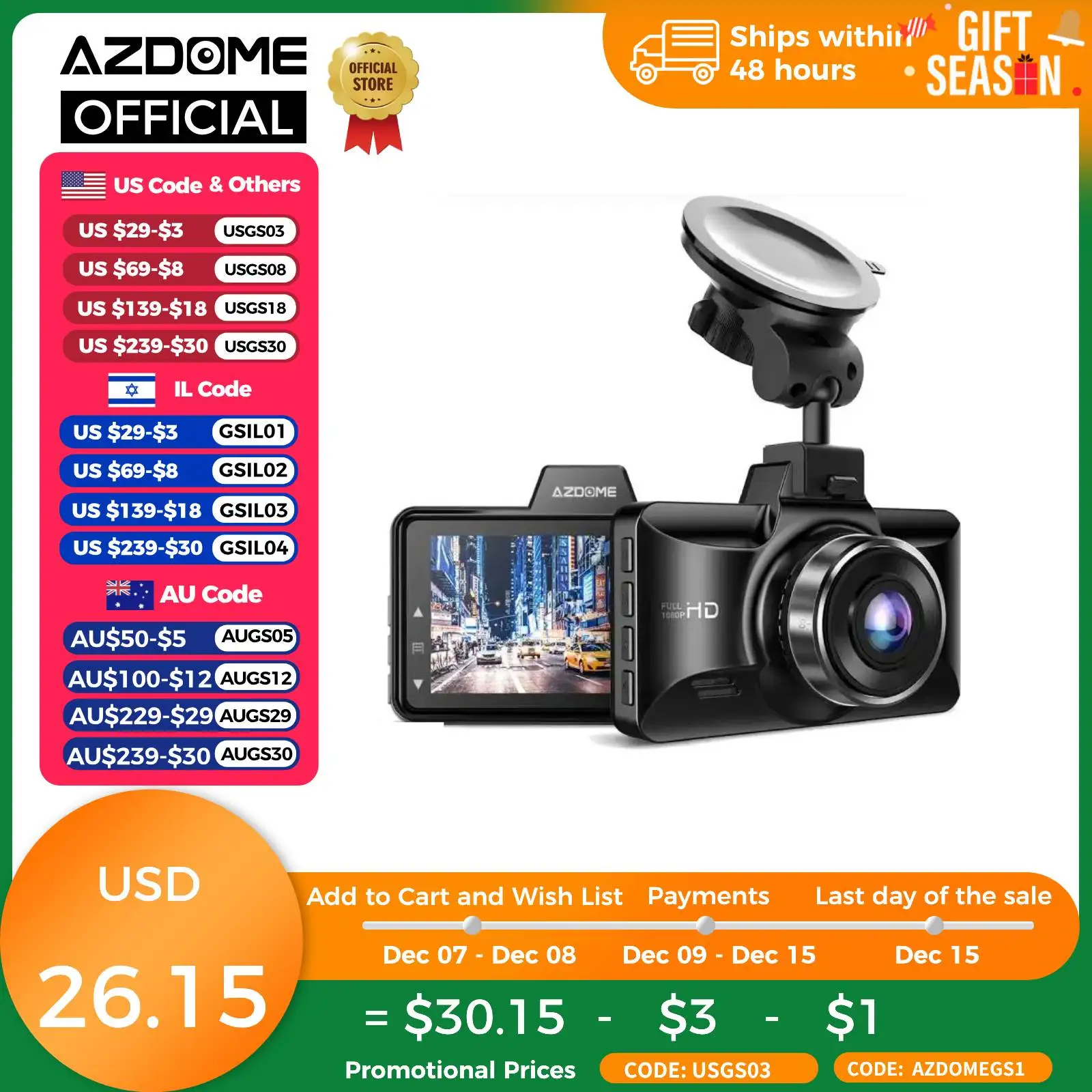 AZDOME M01 Dash Cam 1080P 3\'\' IPS Screen Night Vision Car Camera Loop Recording G-sensor Audio Recording Car Driving Recorder