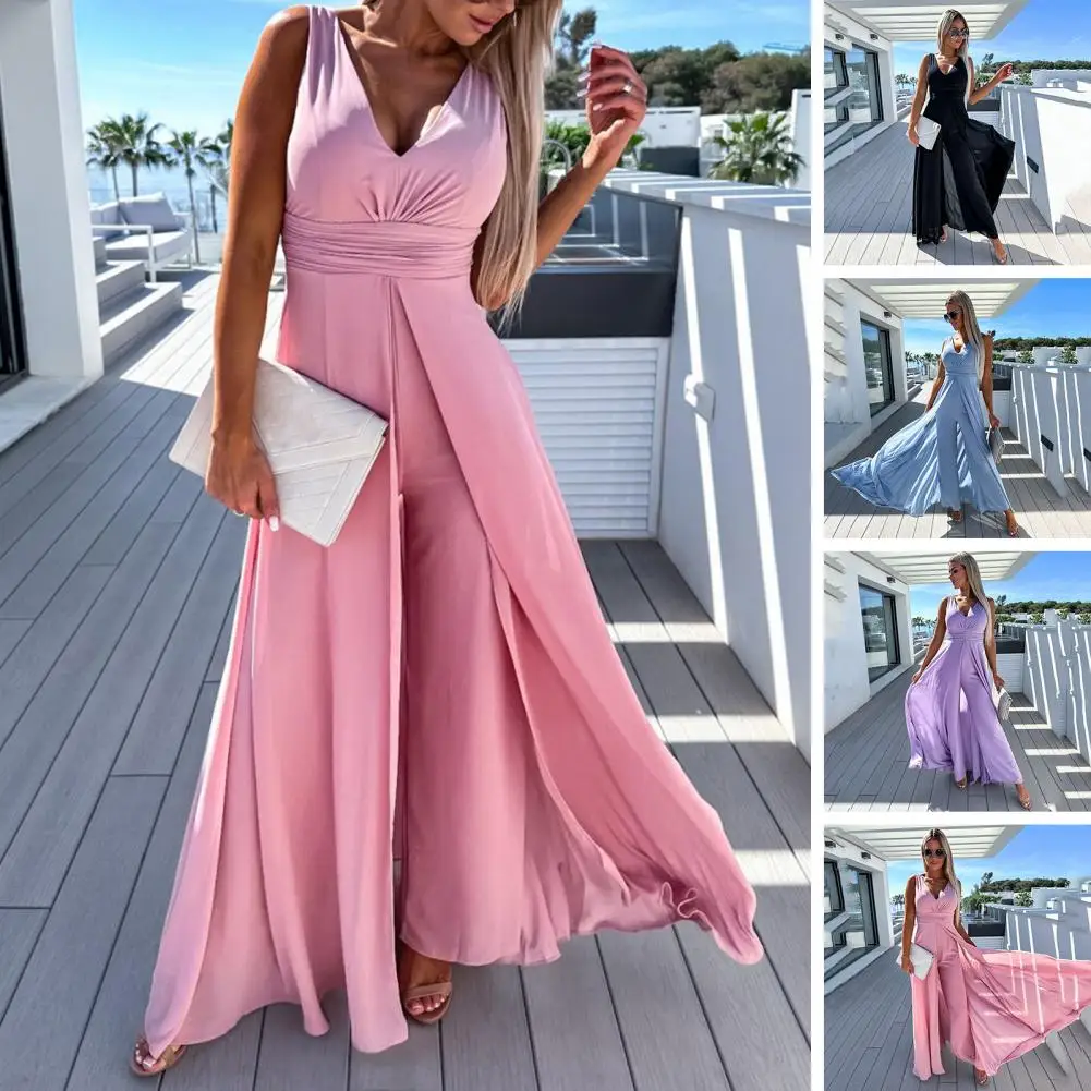 

Sexy V-neck Waist Long Jumpsuits Women Elegant Sleeveless Drifting Straight Romper Summer Casual Wide Leg Pant Playsuit Overalls