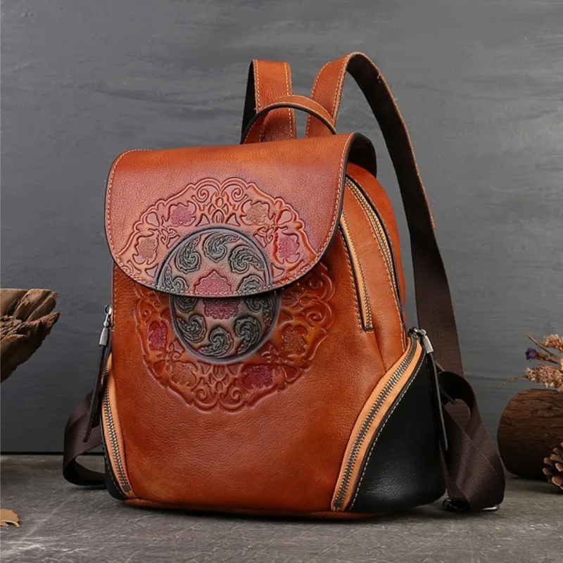 Johnature 2024 New Retro Handmade Totem Embossed Genuine Leather Backpack Women Bag Large Capacity Cowhide Bagpack Travel Bags