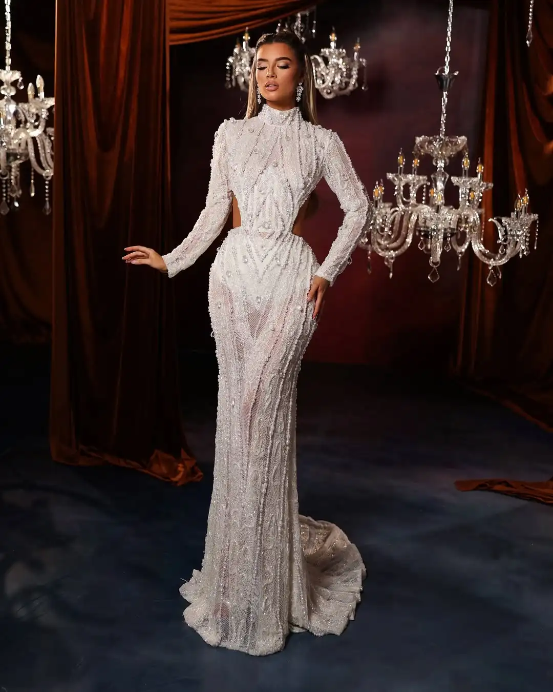 Arabic Mermaid Wedding Dress Pearls Beading High Neck Long Sleeve Backless Lace Bridal Gowns Customized Illusion Bride Robe
