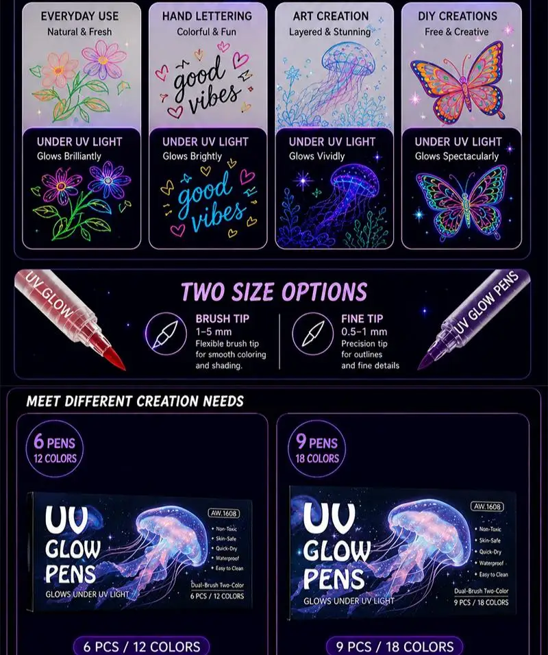 12-18 Farben UV-Doppelspitzen-Leuchtmarker Schwarzlicht-Reaktive Stifte Ungiftige Abwaschbare Körperkunst DIY-Handwerk Fluoreszierende Textmarker – Detail 6
