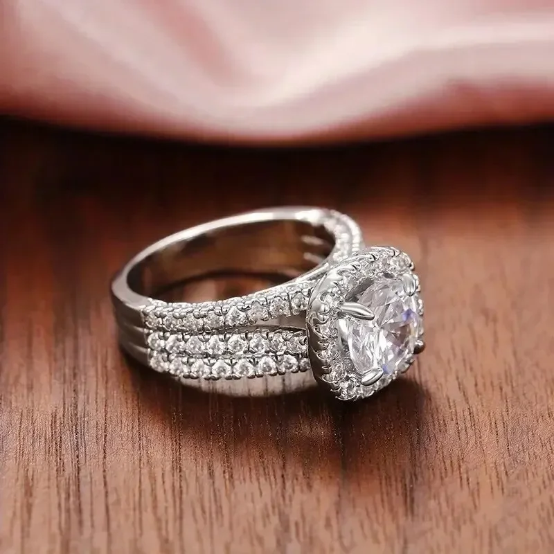 Micro Pave 3 Row Zircon Ring For Women Engagement Wedding Casual Party Jewelry